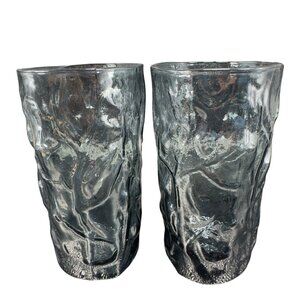 Seneca Glass Driftwood Casual Gray Black Crinkle Highball Glasses Cups Set 2 VTG